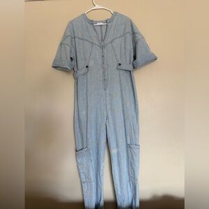 One Loved Baby Denim Jumpsuit with Floral Embroidery